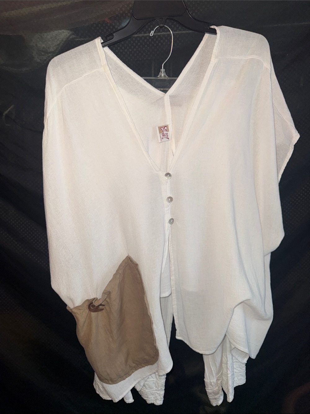 Oh My Gauze! White V-Neck Button Front Tunic Top with Tan Pocket. Pants included